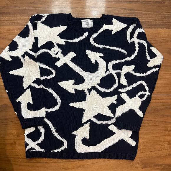 Marisa Christina Sweater Small Medium Nautical Anchor Sequin Navy White - Picture 11 of 11